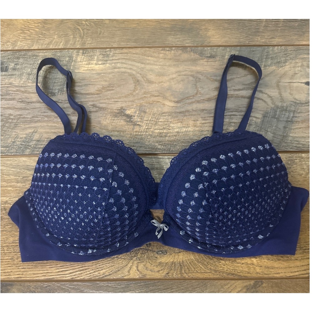 Aerie Lexi Lightly Lined Underwire Bra 36C Navy Blue Silver Sparkle Lace Bow